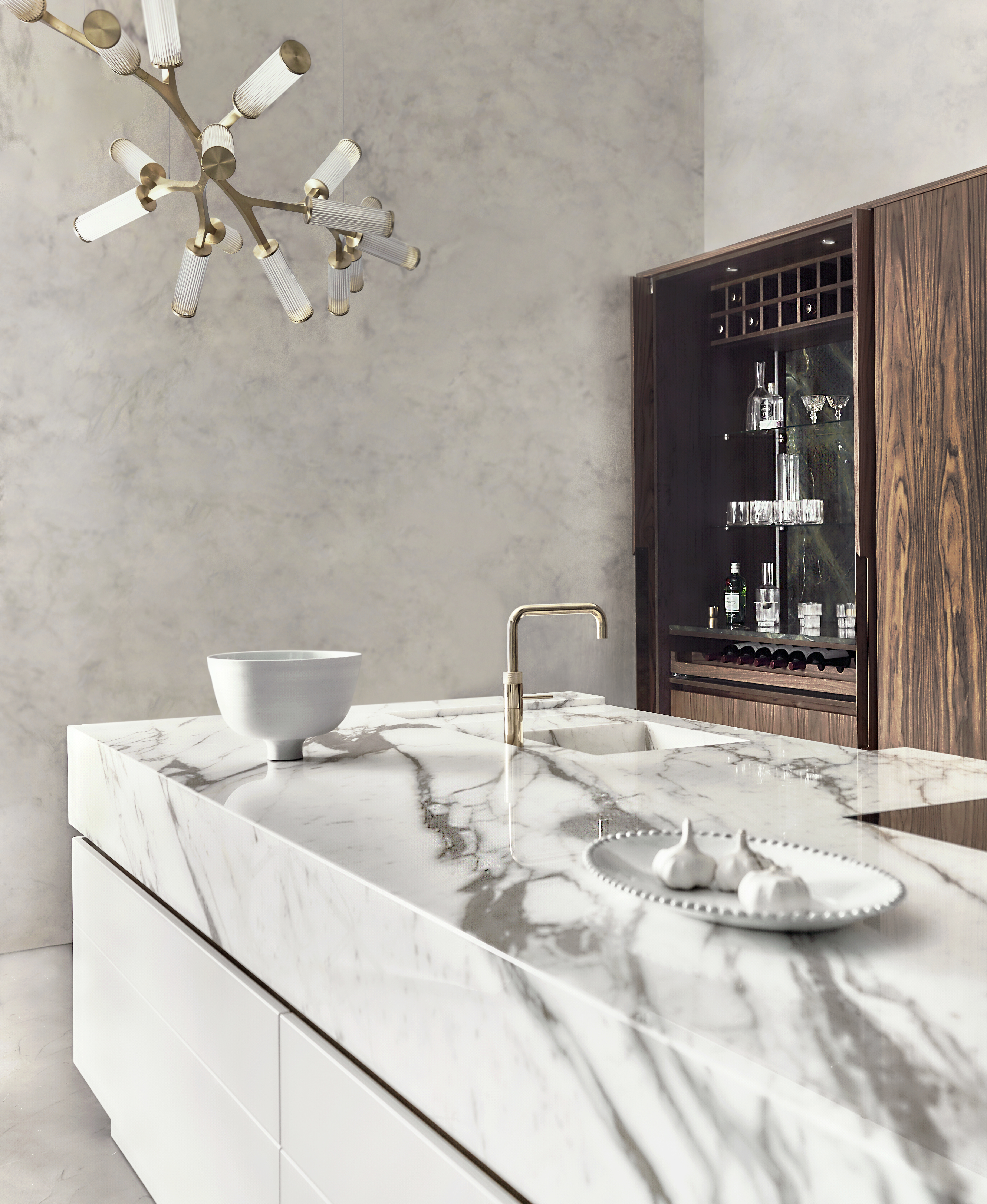 Kitchen lighting with bespoke kitchen island and marble work surfaces