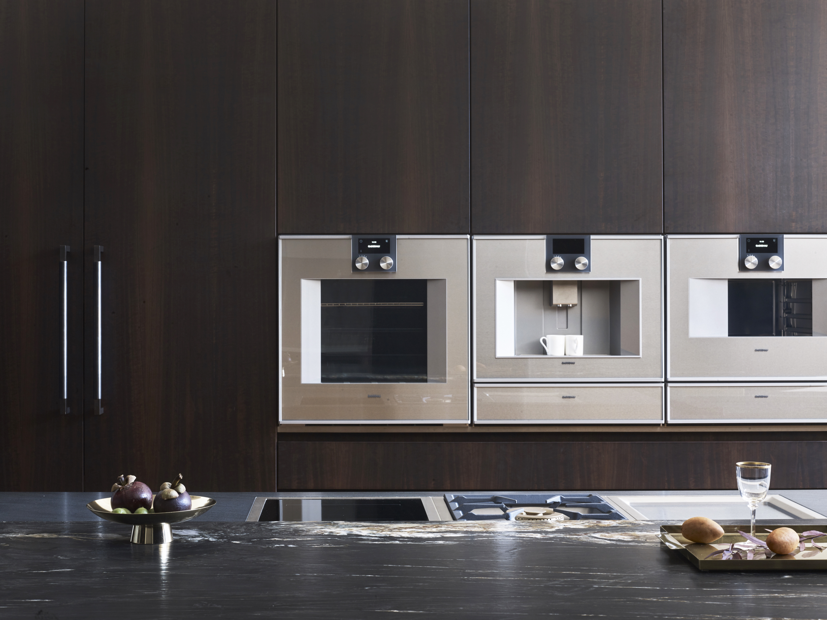 Luxury kitchen appliances with kitchen island and marble work surface