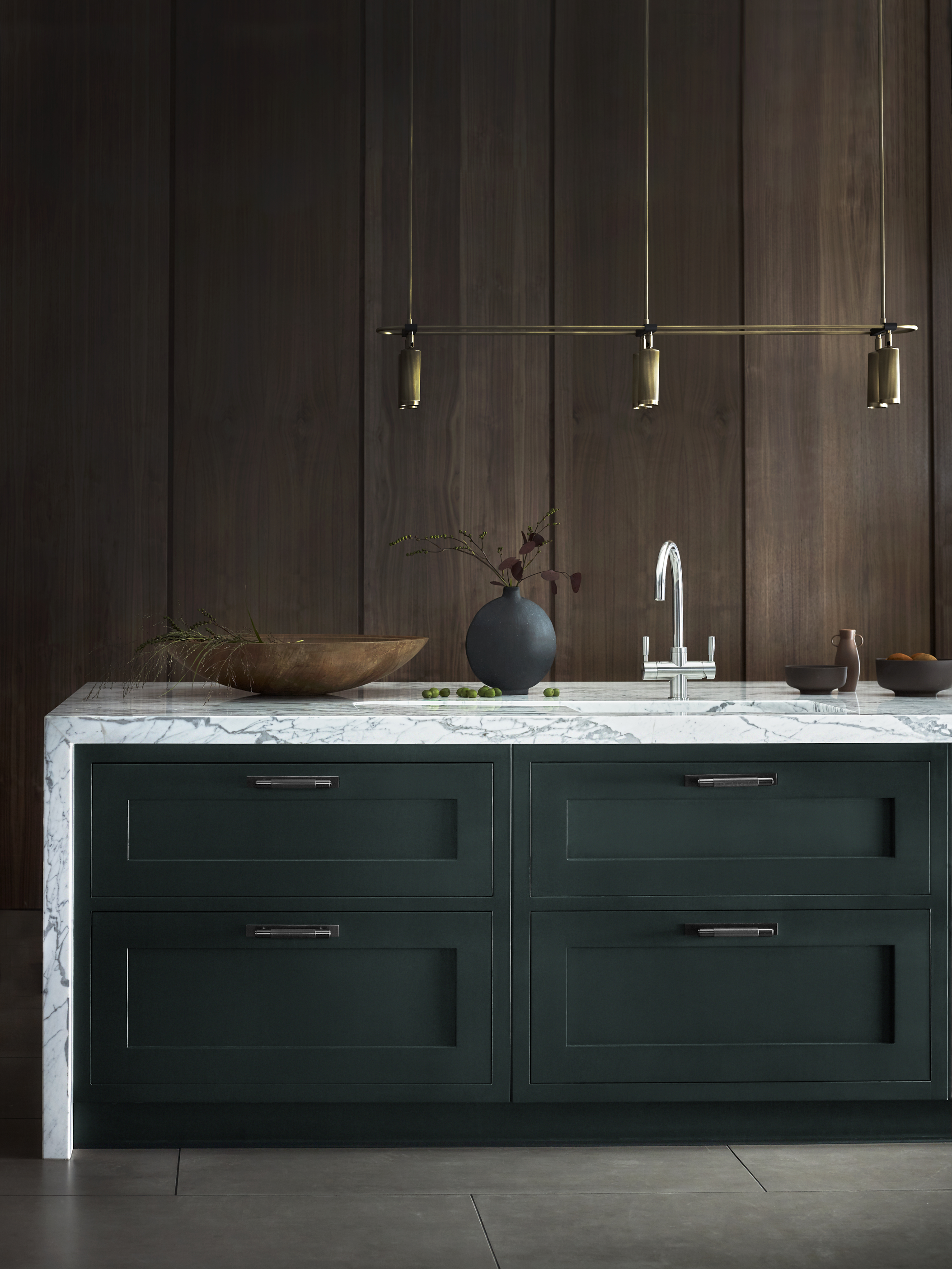 Modern lighting for kitchen with kitchen island in green with marble work surface