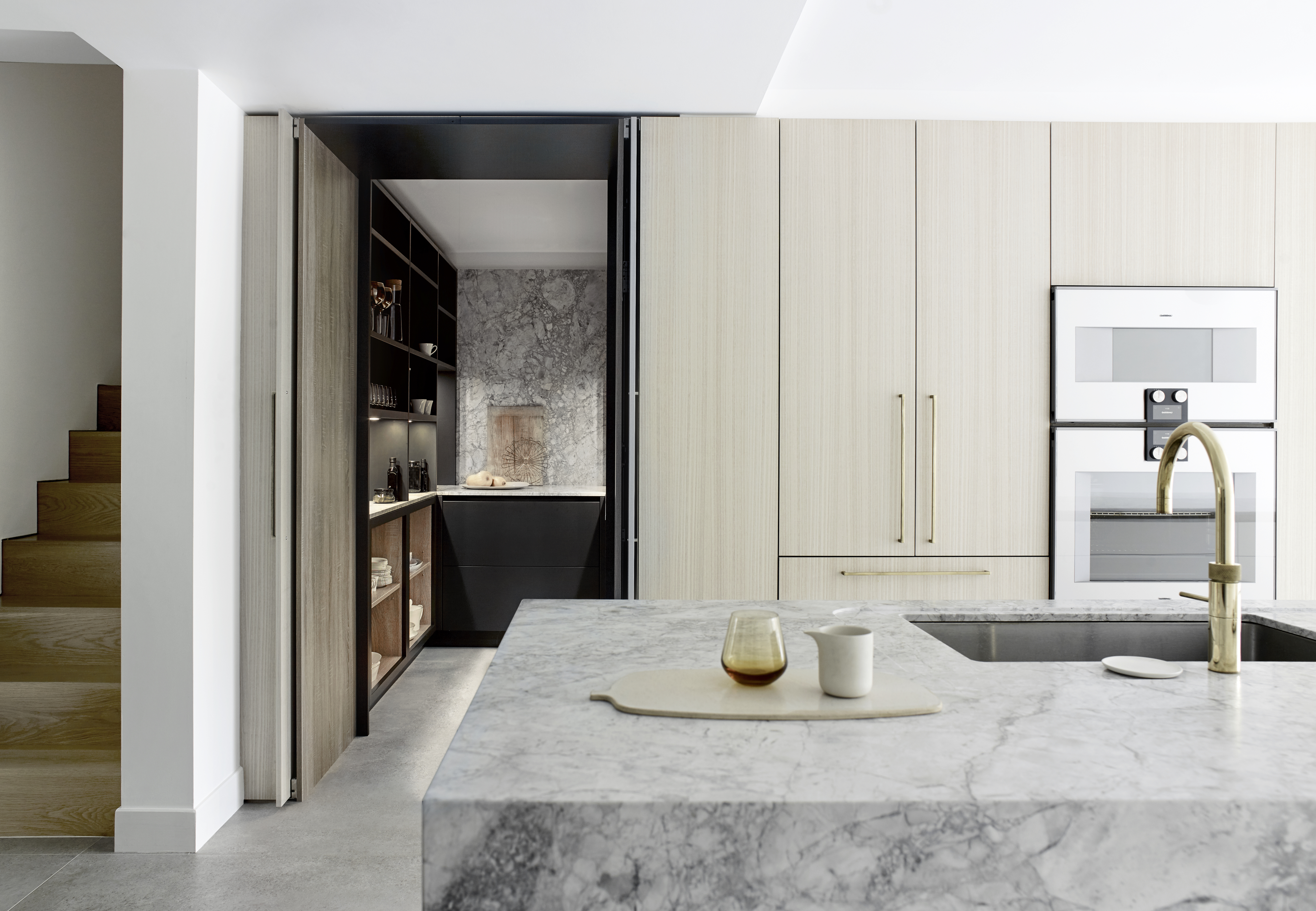 LOW_LARDER_OPEN_FINAL__ High end kitchen with walk in larder and marble kitchen island