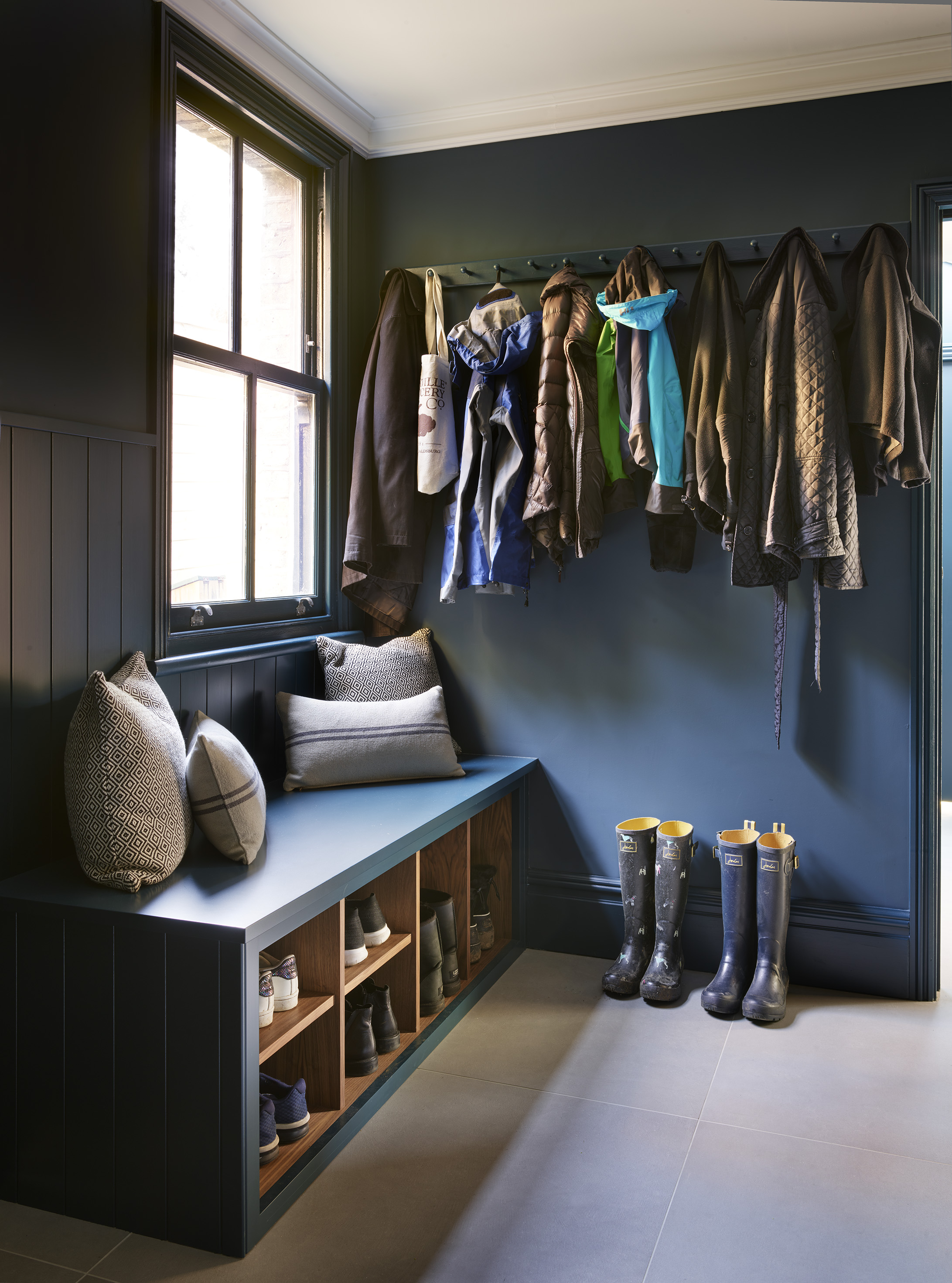 Luxury bespoke boot and coat room hand painted in blue