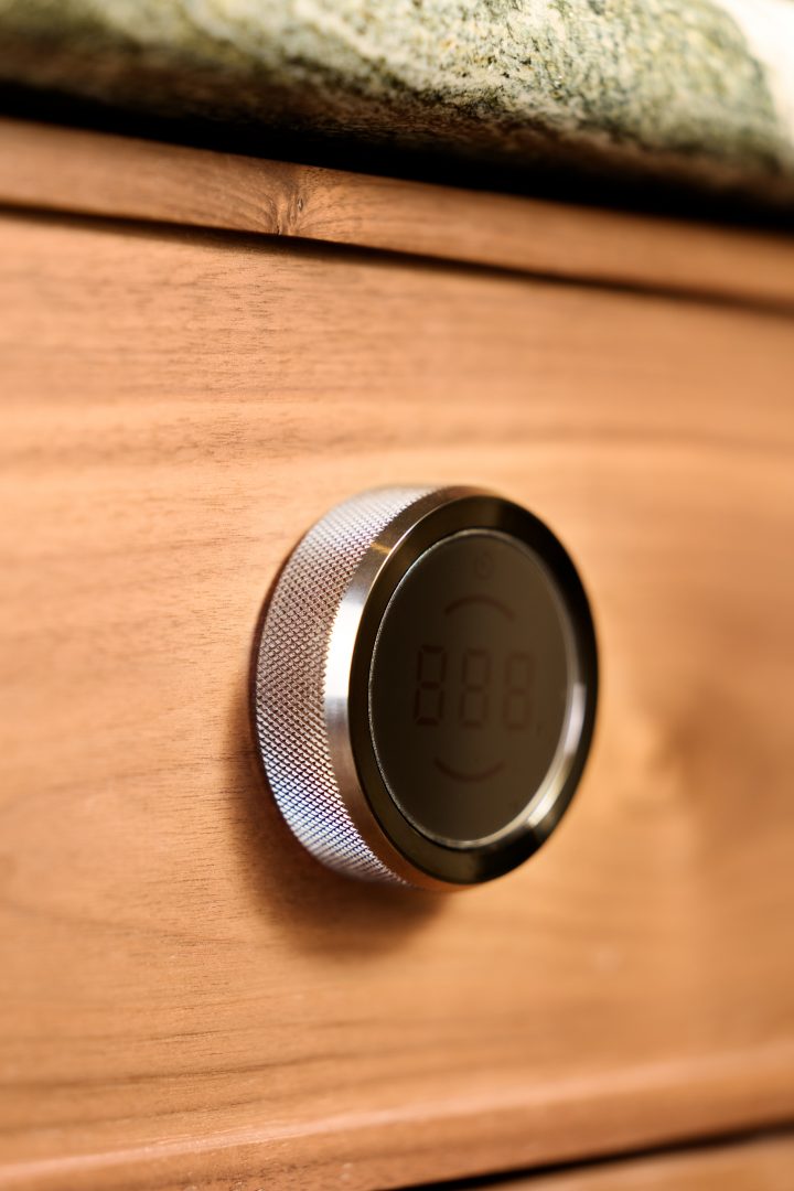 Close-up of bespoke fluted walnut bathroom cabinetry with integrated drawer storage and premium internal organisation details at the Roundhouse + Day True Wimbledon showroom.