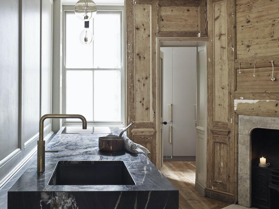 Bespoke kitchen designed around the original architecture of a Grade I listed London home at Meard Street